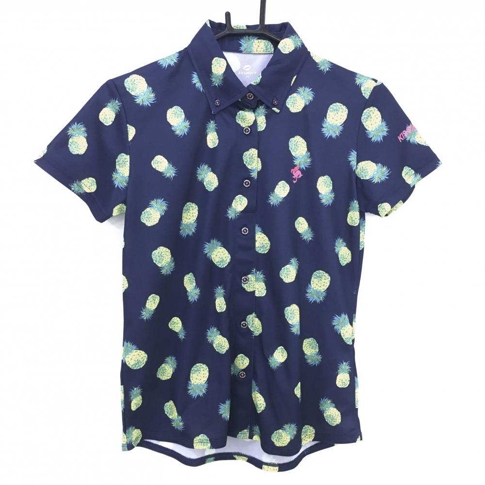 【超美品】キスマークゴルフ 半袖ポロシャツ ネイビー×イエロー パイナップル柄 ボタンダウン レディース M ゴルフウェア Kissmark