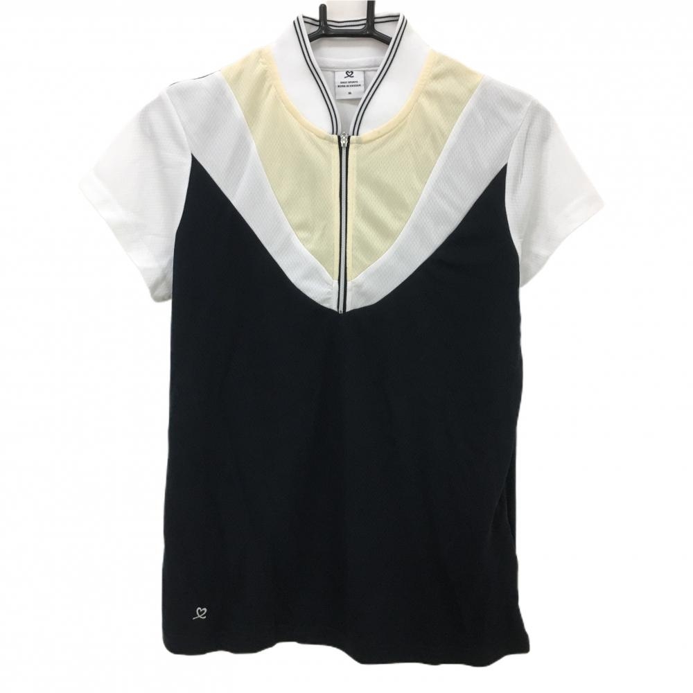 【超美品】デイリースポーツ 半袖ポロシャツ ダークネイビー×白 スタンドカラー ハーフジップ レディース M ゴルフウェア DAILY SPORTS