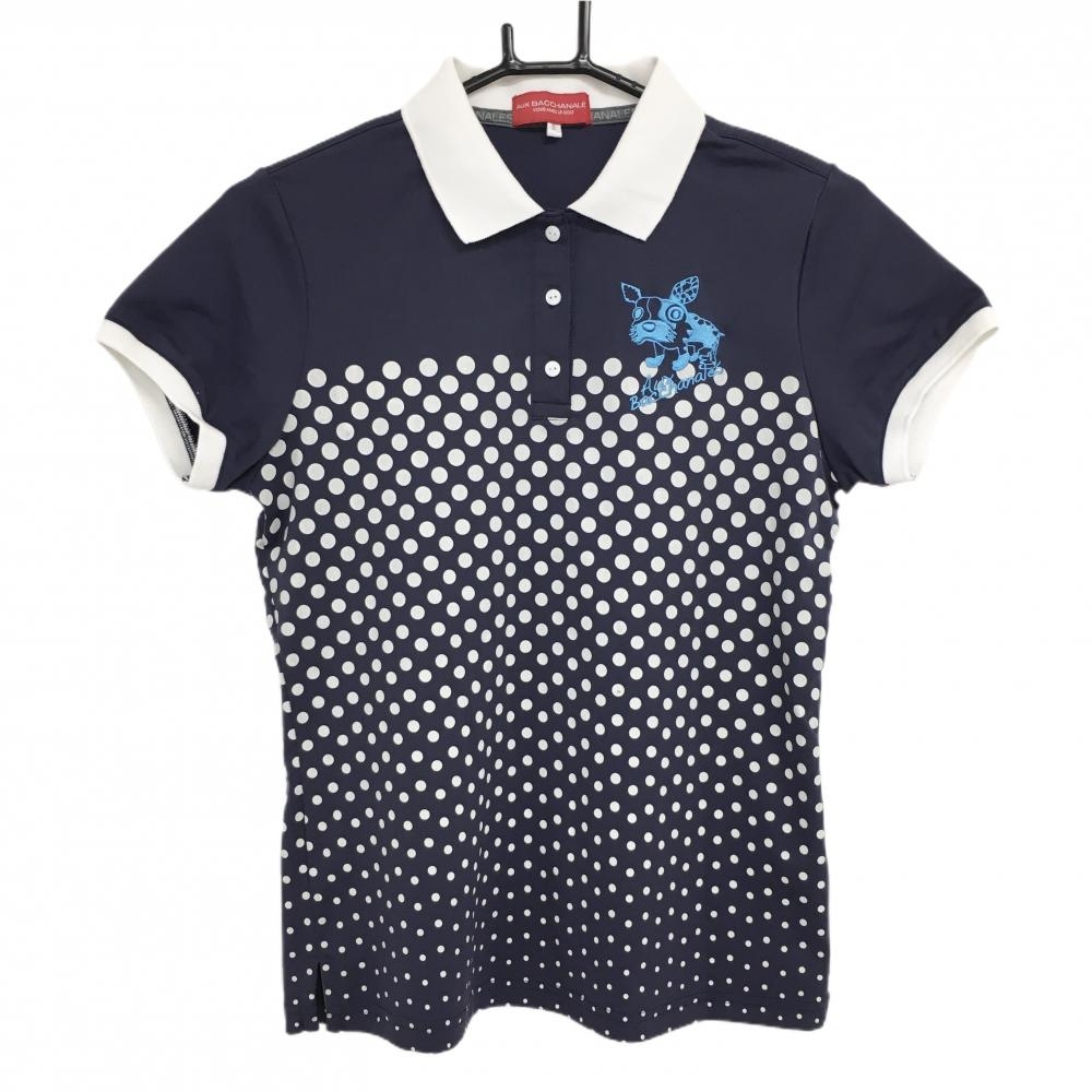 【美品】オーバカナル 半袖ポロシャツ ネイビー×白 ドット ロゴ刺しゅう レディース 0 ゴルフウェア AUX BACCHANALES