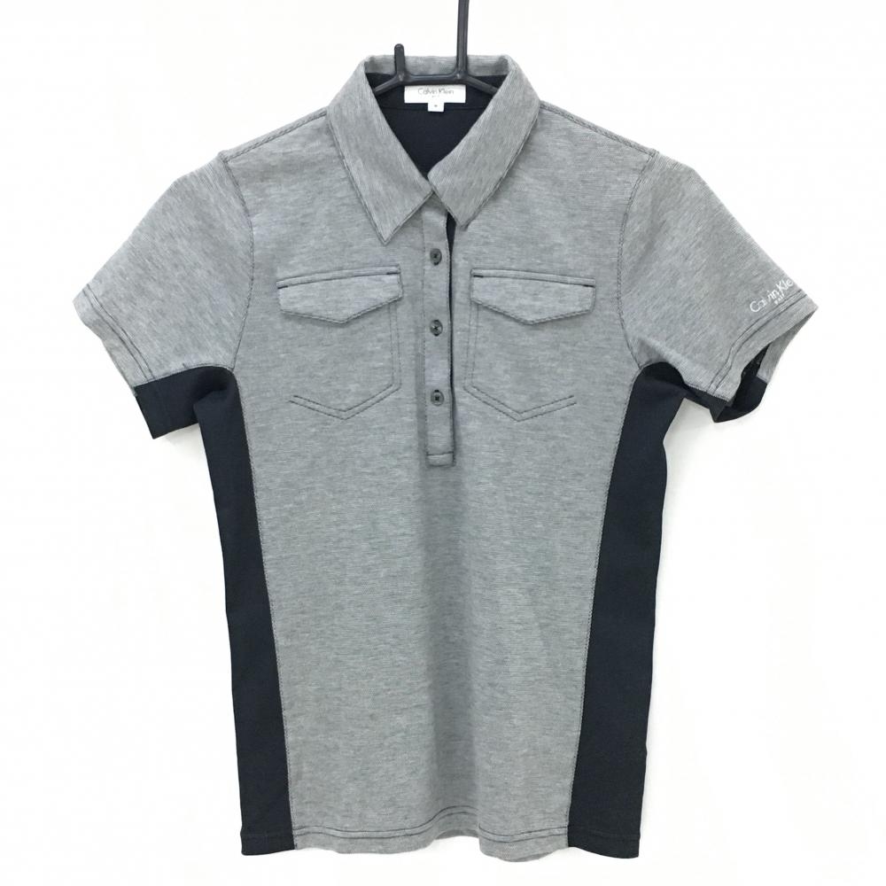 【美品】カルバンクラインゴルフ 半袖ポロシャツ グレー系×黒 胸ポケット付き レディース M ゴルフウェア Calvin Klein golf