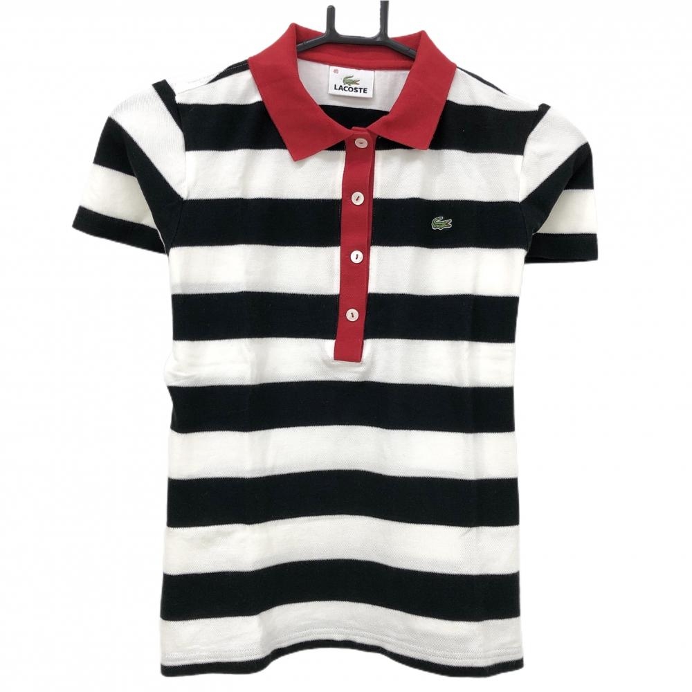 【超美品】ラコステ 半袖ポロシャツ 白×ネイビー ボーダー  レディース 40(XL) ゴルフウェア LACOSTE
