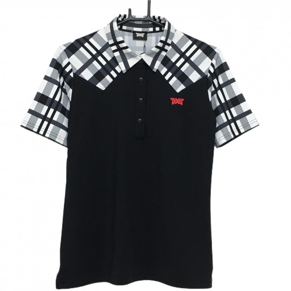 【新品】パーソンズエクストリームゴルフ 半袖ポロシャツ 黒×白 上部チェック スナップボタン レディース L ゴルフウェア PXG
