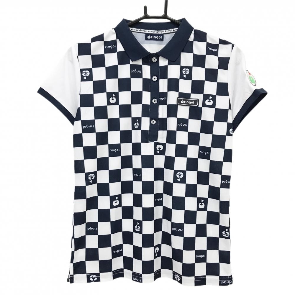 【超美品】リンゴル 半袖ポロシャツ 白×ネイビー 前身頃ブロックチェック 後ろ身頃ボーダー  レディース M ゴルフウェア ringol