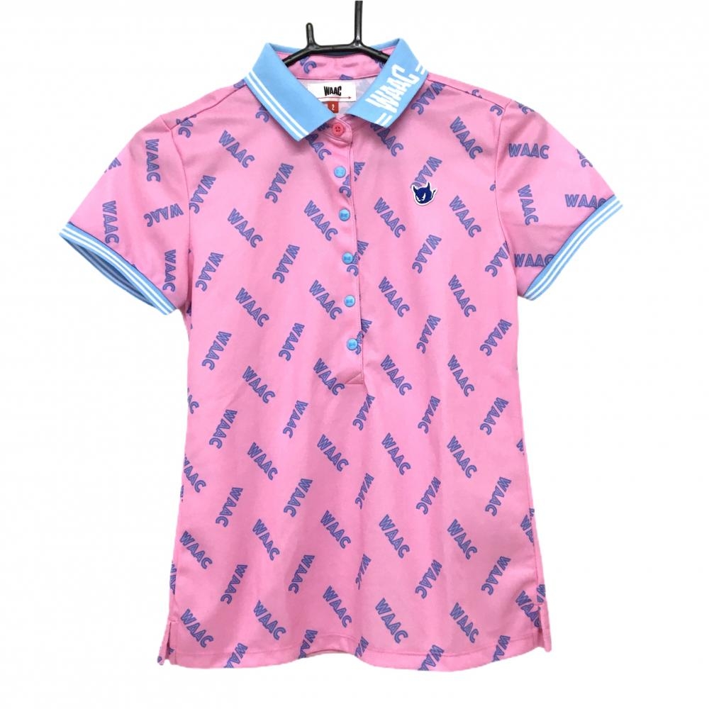 【超美品】ワック 半袖ポロシャツ ピンク×ライトブルー ロゴ総柄 レディース 2(M) ゴルフウェア WAAC