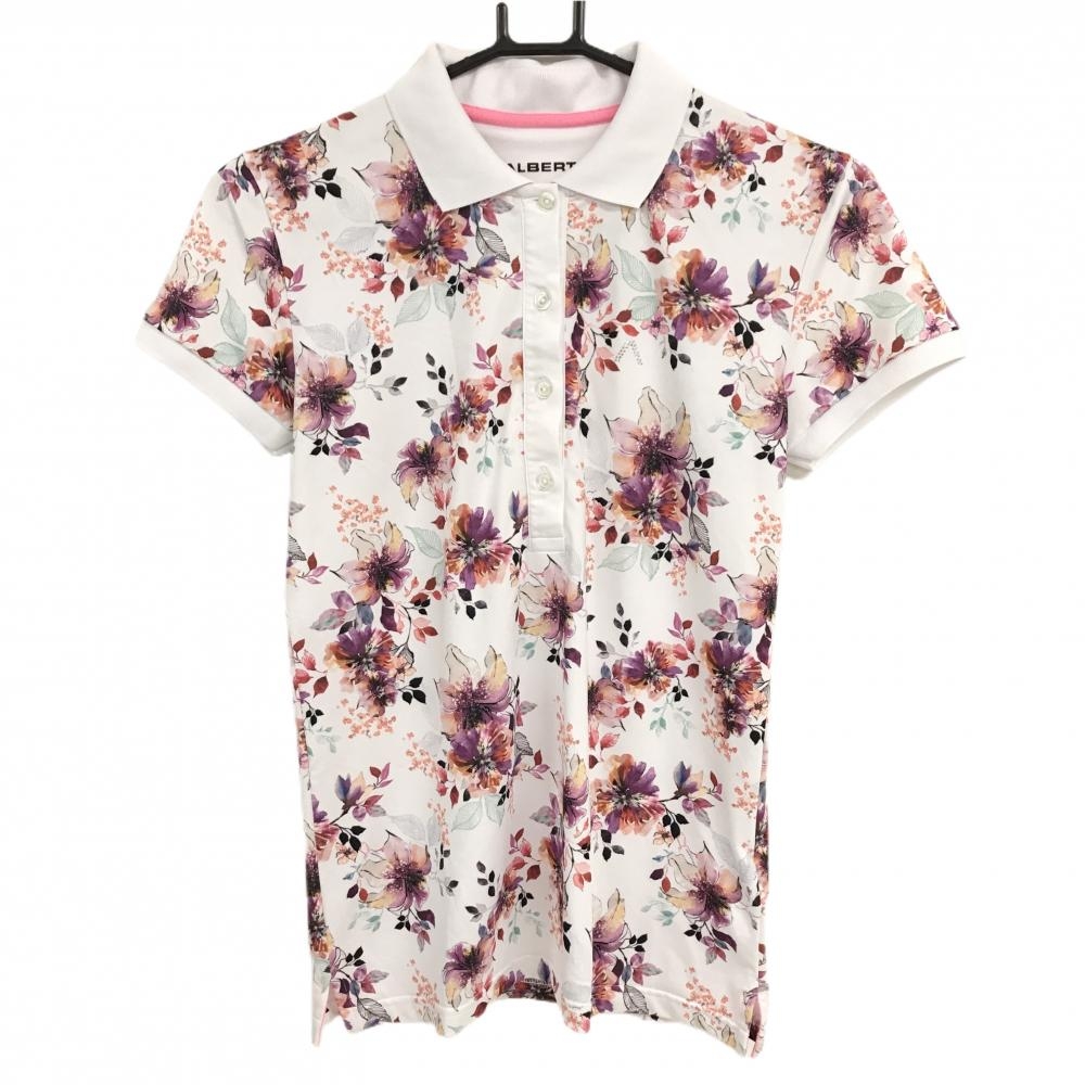 【美品】アルベルトゴルフ 半袖ポロシャツ 白×マルチカラー 花柄 ラインストーン レディース XS ゴルフウェア ALBERTO GOLF