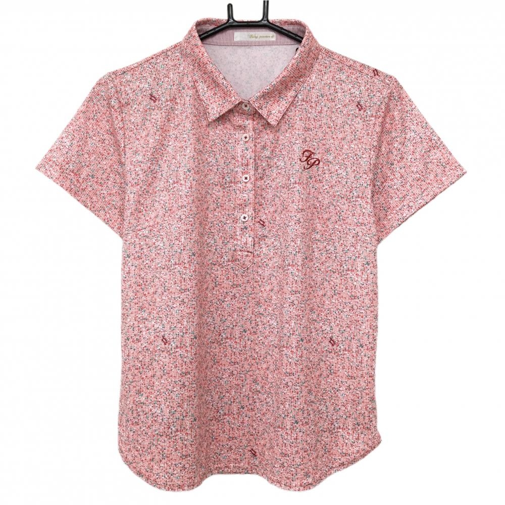 【超美品】フェアリーパウダー 半袖ポロシャツ ピンク×グリーン×レッド 総柄 ロゴ刺しゅう レディース 4(XL) ゴルフウェア FAIRY POWDER