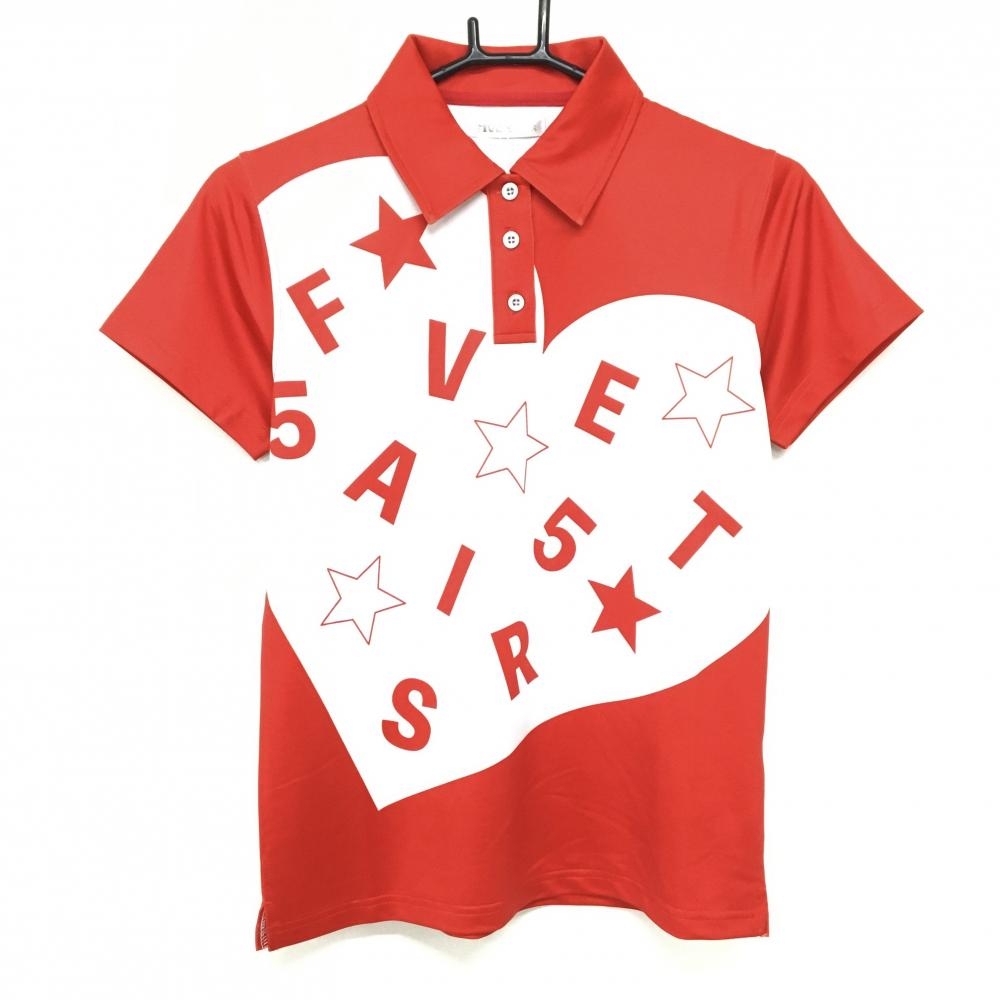 【新品】ファイブスター 半袖ポロシャツ レッド×白 前身頃総柄 ハート 星 レディース M ゴルフウェア 