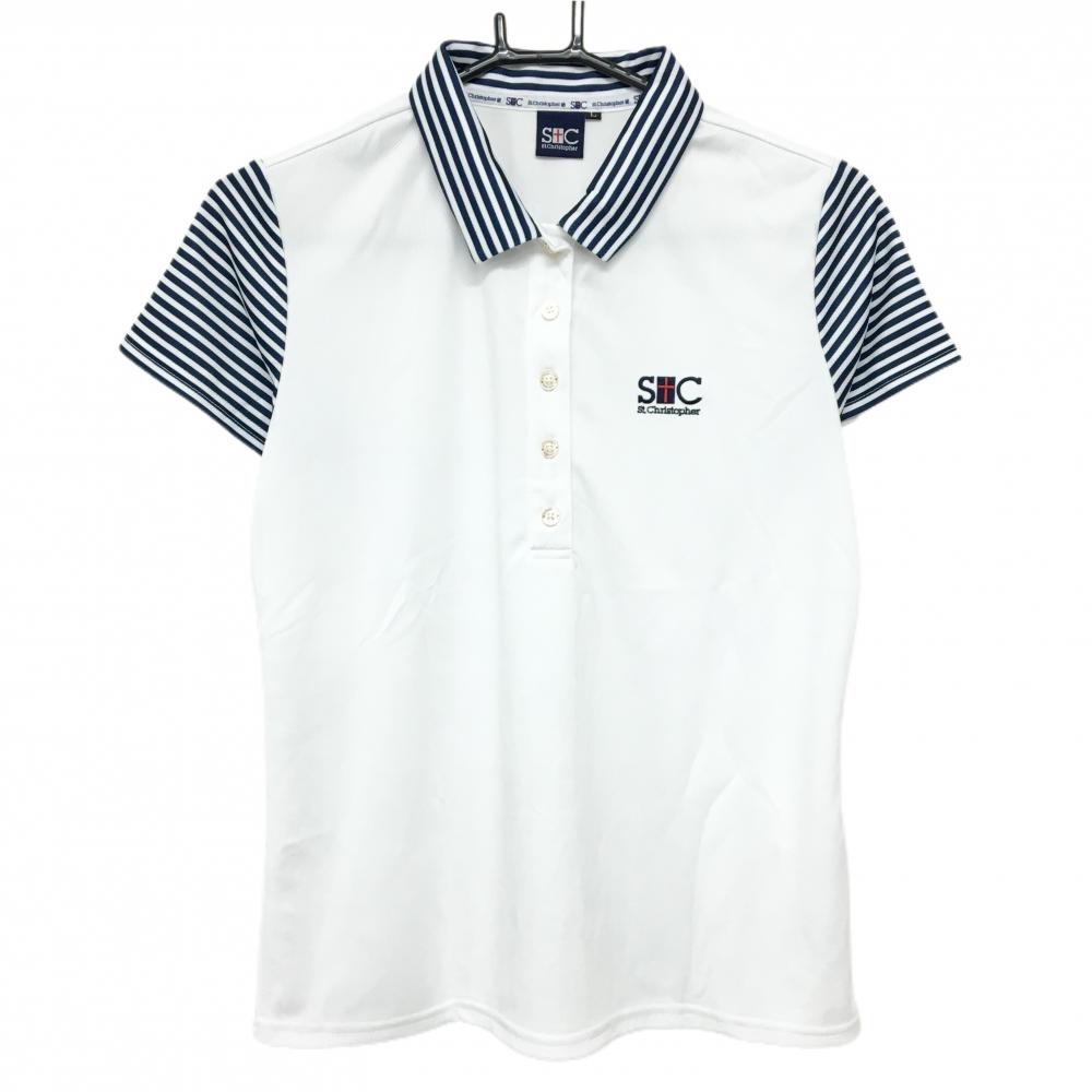 【美品】セントクリストファー 半袖ポロシャツ 白×ネイビー 一部ボーダー 胸ロゴ レディース L ゴルフウェア St.Christopher