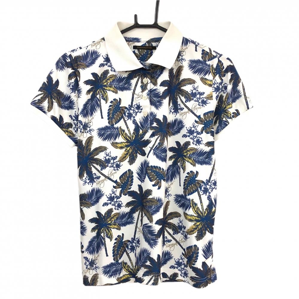 【超美品】バンヤードストーム 半袖ポロシャツ 白×ネイビー ヤシの木柄  レディース 1 ゴルフウェア BARNYARDSTORM