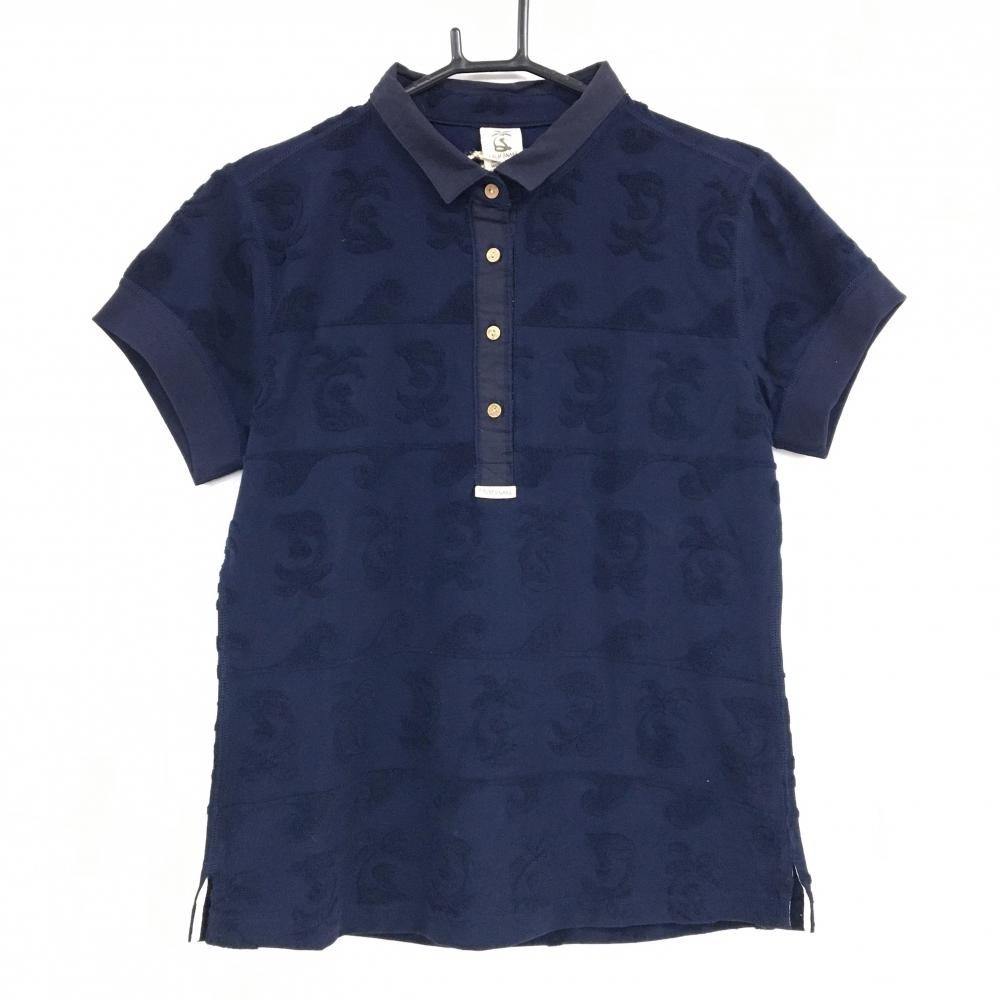 【未使用品】パームスネイク 半袖ポロシャツ ネイビー ロゴ総柄 パイル地ロゴ レディース M ゴルフウェア PALM SNAKE