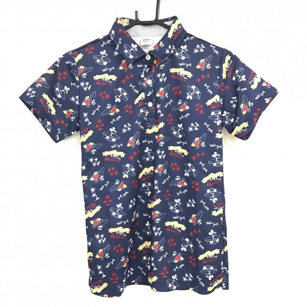 【超美品】ディズニー 半袖ポロシャツ ネイビー×レッド×イエロー 総柄 ミッキー ドナルド レディース M ゴルフウェア Disney