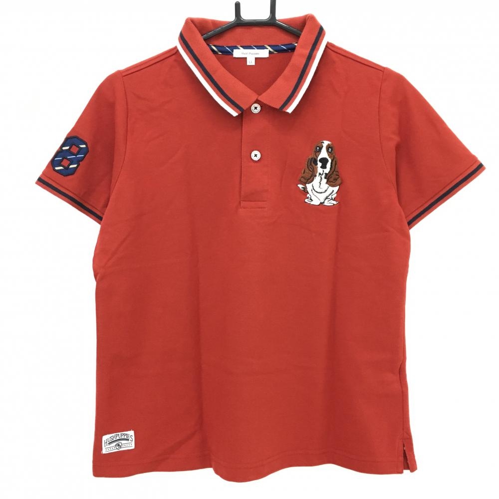 【超美品】ハッシュパピー 半袖ポロシャツ レッド系 イヌ刺しゅう レディース LL ゴルフウェア Hush Puppies