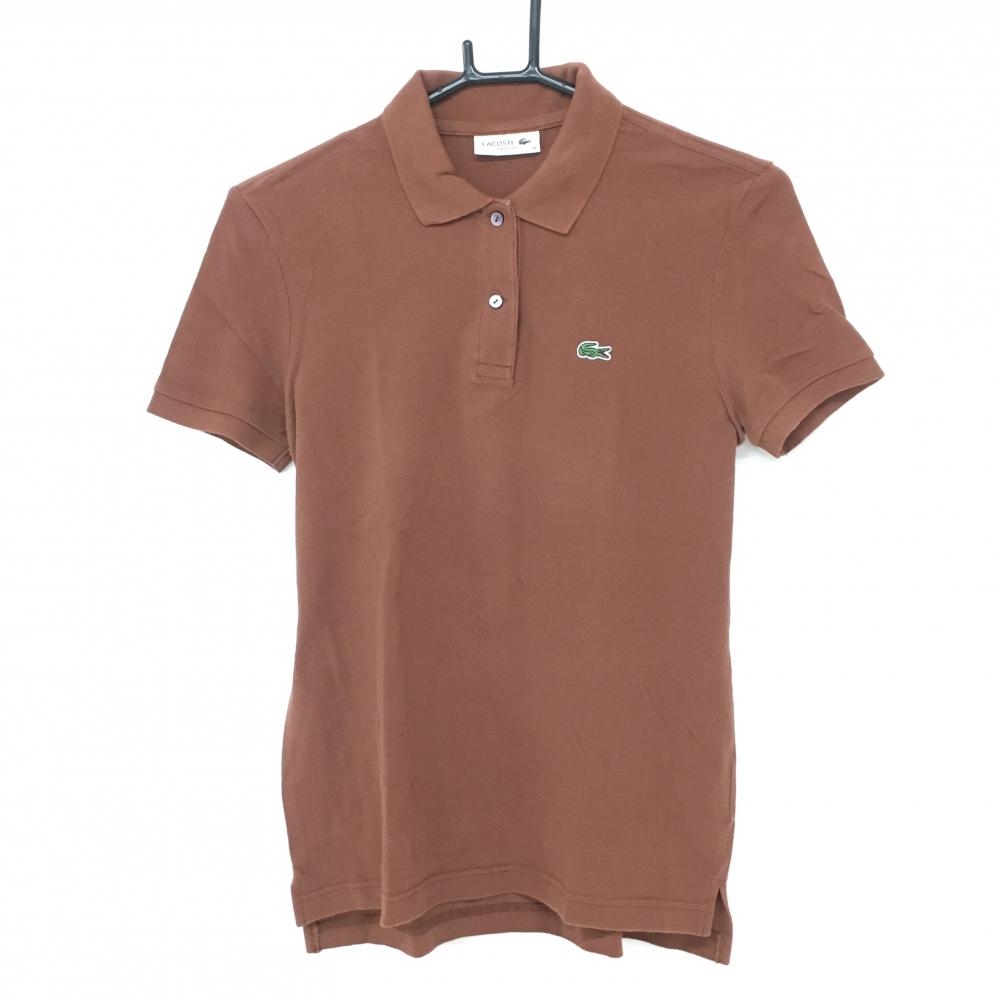 【美品】ラコステ 半袖ポロシャツ ブラウン ロゴワッペン レディース 36(M) ゴルフウェア LACOSTE