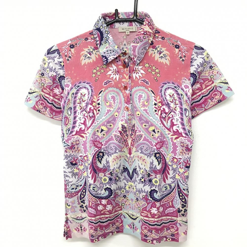 【美品】エトロ 半袖ポロシャツ ピンク ペイズリー総柄 コットン100%  レディース 42 ゴルフウェア ETRO