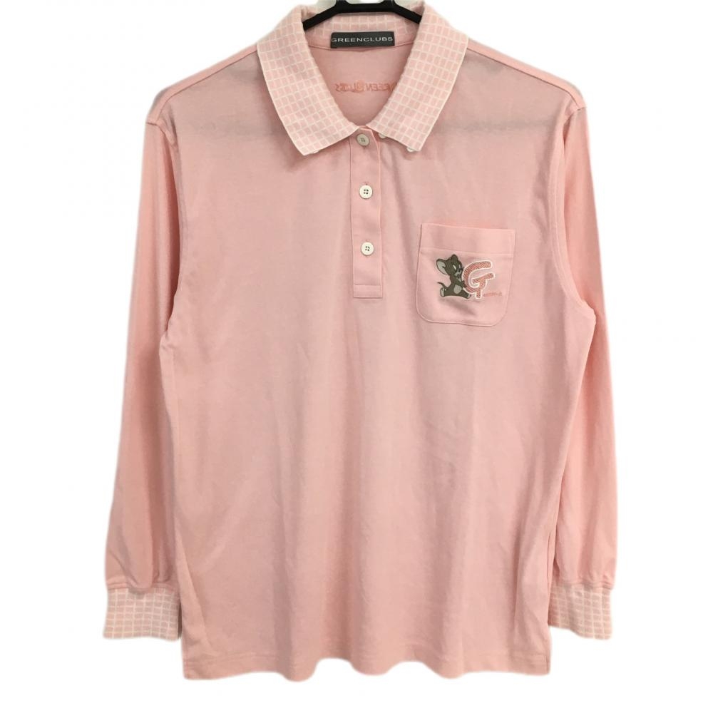 【美品】グリーンクラブ 長袖ポロシャツ ピンク×白 襟・袖チェック レディース 2 ゴルフウェア GREEN CLUBS
