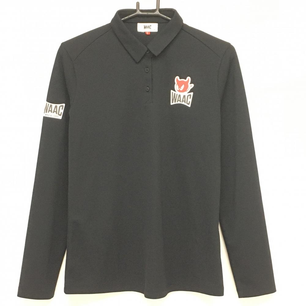 【超美品】ワック 長袖ポロシャツ 黒×レッド ロゴワッペン 韓国モデル レディース 4(XL) ゴルフウェア WAAC