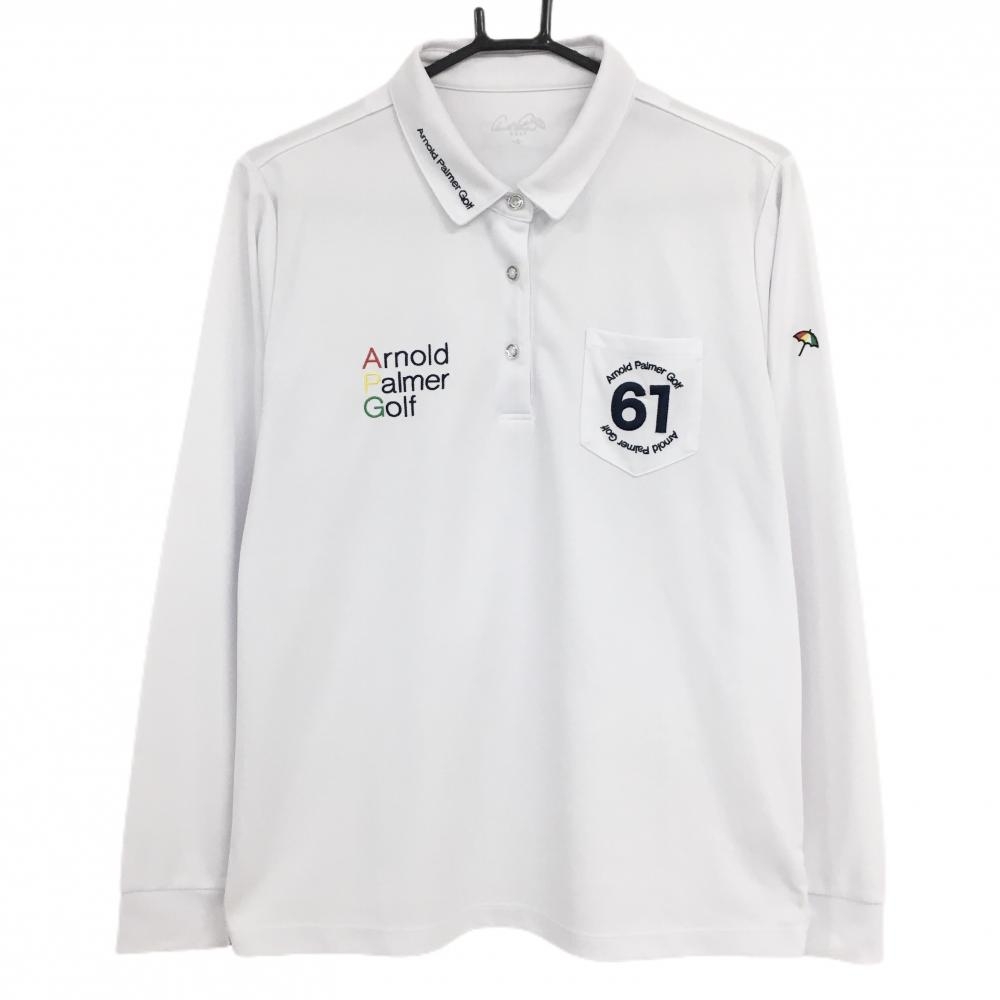【美品】アーノルドパーマーゴルフ 長袖ポロシャツ 白×ネイビー 胸ポケット  レディース O ゴルフウェア Arnold Palmer Golf