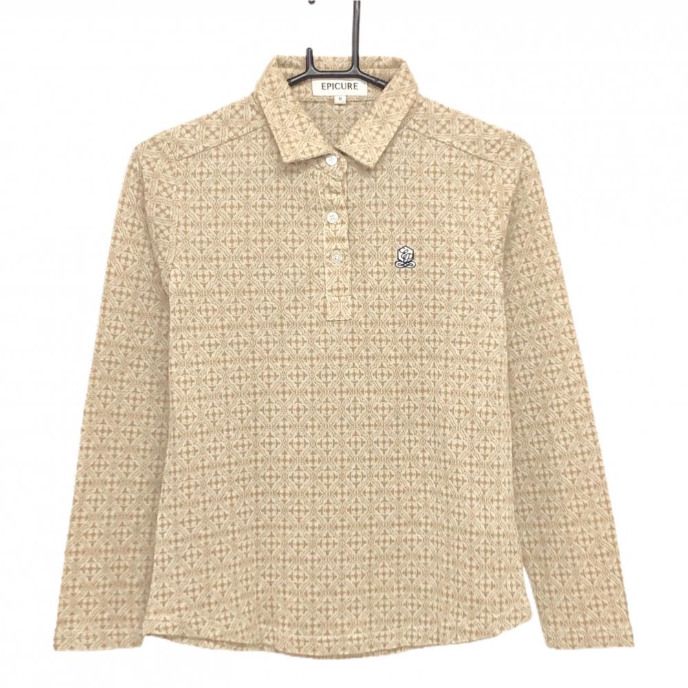 【美品】エピキュール 長袖ポロシャツ ベージュ×ライトブラウン 総柄 微起毛 レディース M ゴルフウェア EPICURE