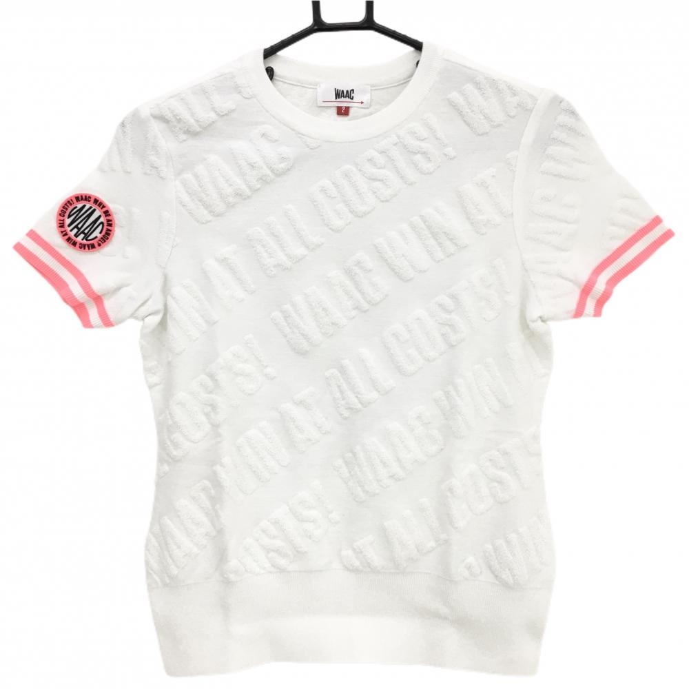 【超美品】ワック Tシャツ 白×蛍光ピンク 凹凸パイル地 ニット レディース 2(M) ゴルフウェア WAAC