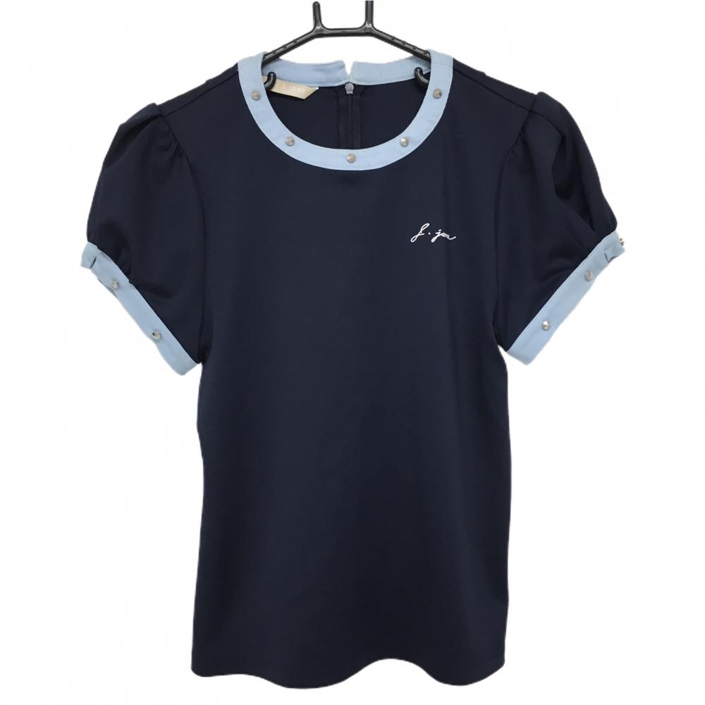 ジェイジェーン 半袖シャツ ネイビー×ライトブルー スタッズ 韓国モデル レディース S ゴルフウェア J.JANE