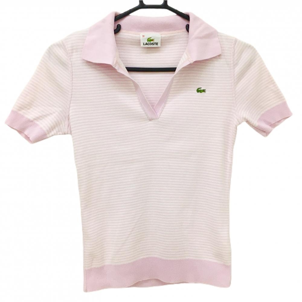 【美品】ラコステ 半袖スキッパーシャツ ピンク×白 ボーダー  レディース 38(L) ゴルフウェア LACOSTE