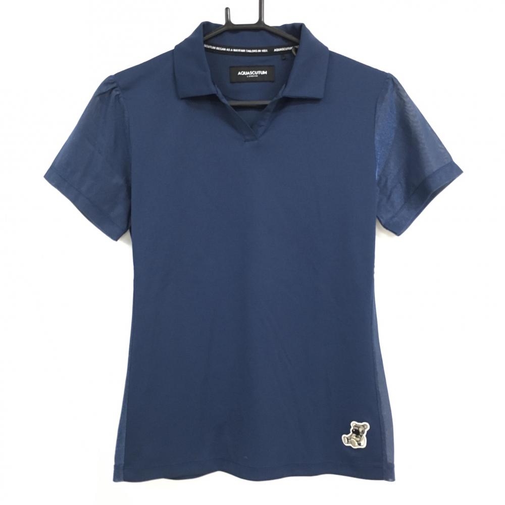 【超美品】アクアスキュータム 半袖スキッパーシャツ ネイビー系 袖・サイド透け感＆ラメ レディース  ゴルフウェア AQUASCUTUM