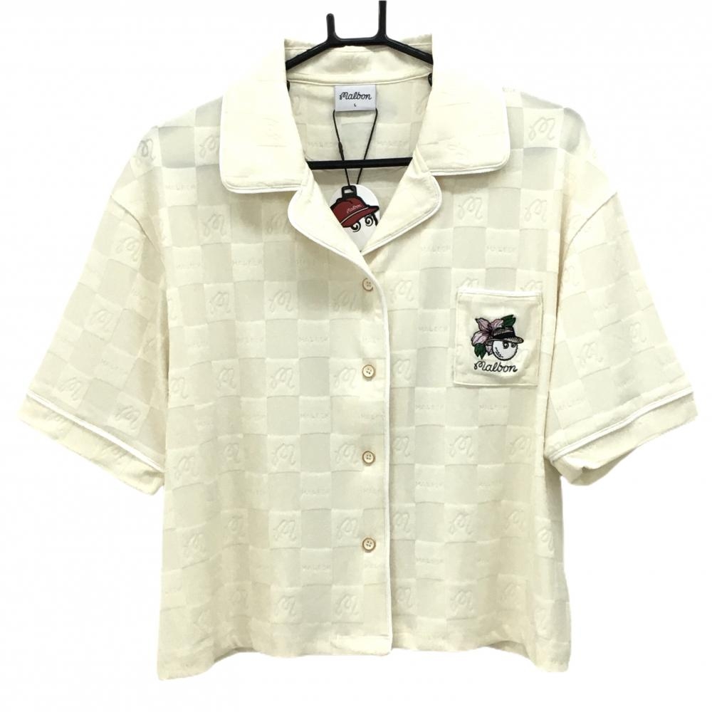 【新品】マルボン 半袖シャツ アイボリー 総柄 韓国モデル ブロックチェック 凹凸生地 レディース L ゴルフウェア Malbon