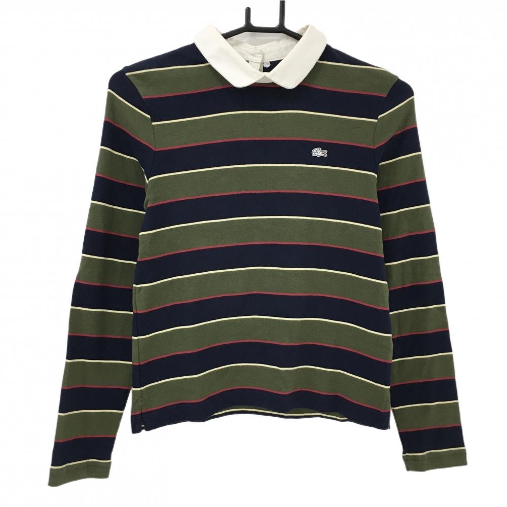 ラコステライブ 襟付長袖シャツ ダークグリーン系×ネイビー ボーダー 後ろボタン レディース M ゴルフウェア LACOSTE LIVE