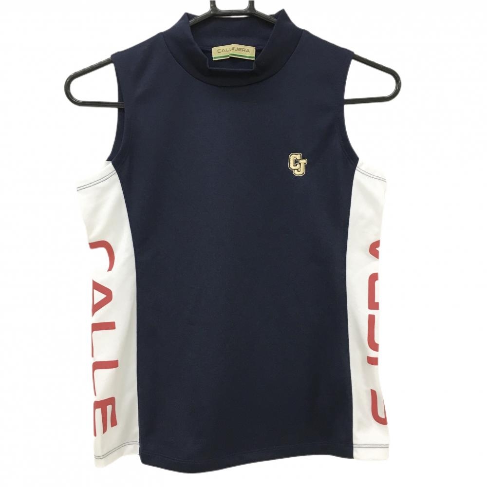 【美品】カジェヘラ ノースリーブハイネックシャツ ネイビー×白 サイドロゴ  レディース 0 ゴルフウェア CALLEJERA