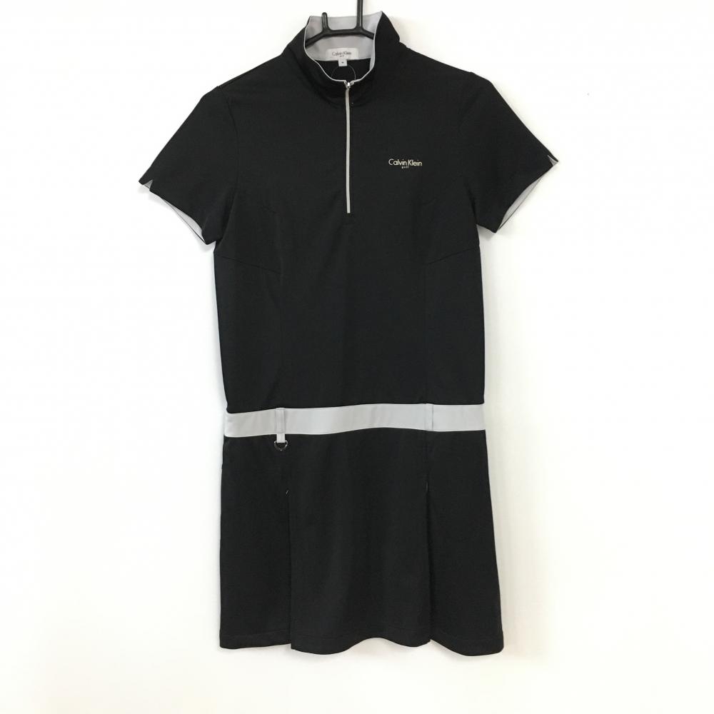 Calvin Klein カルバンクラインゴルフ 半袖ワンピース 黒×ライトグレー ハイネック ハーフジップ レディース M ゴルフウェア
