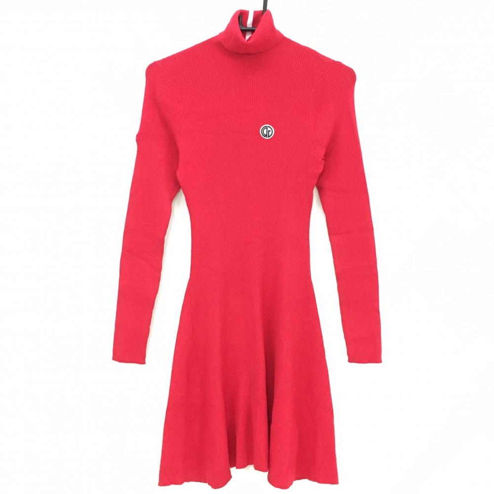 【超美品】シーピージーゴルフ ハイネックニットワンピース レッド×白 ロゴシリコン 後ライン  レディース 1 ゴルフウェア CPG GOLF