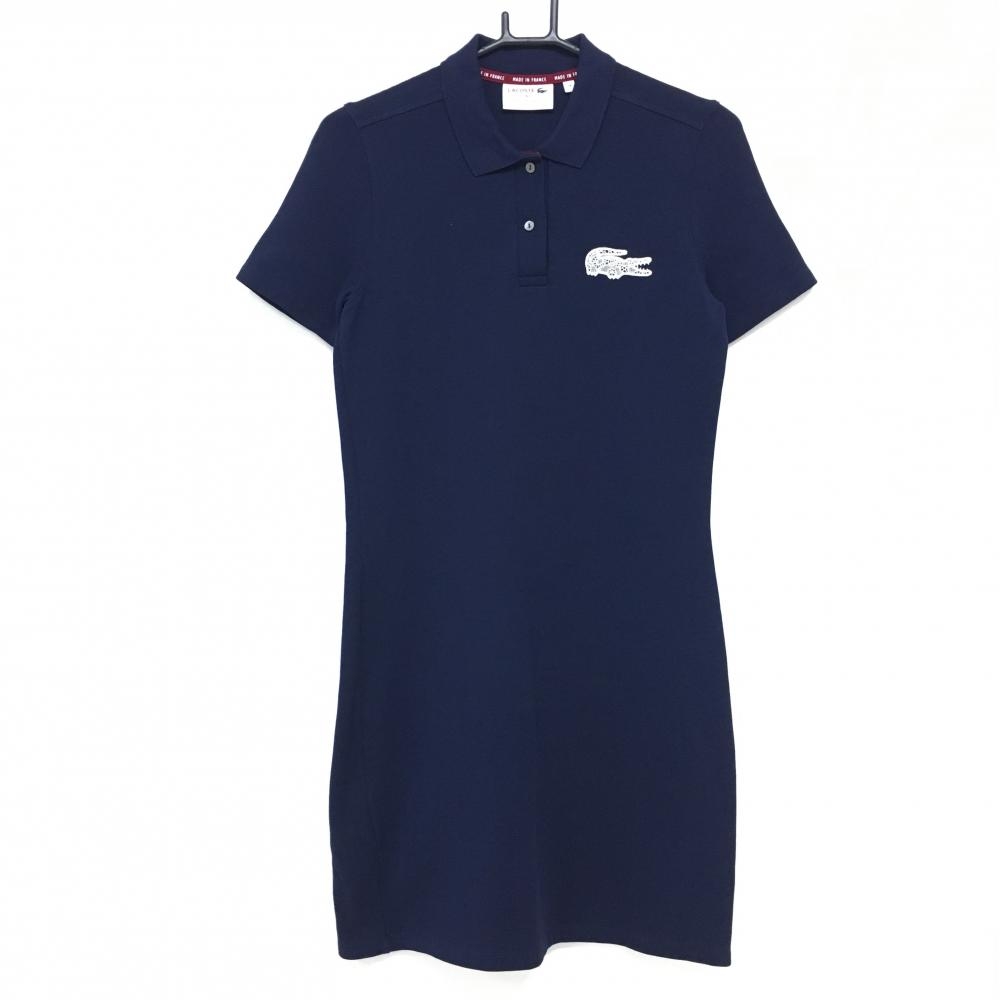 【超美品】ラコステ 半袖ポロワンピース ネイビー ロゴ白 SLIMFIT レディース 38(L) ゴルフウェア LACOSTE