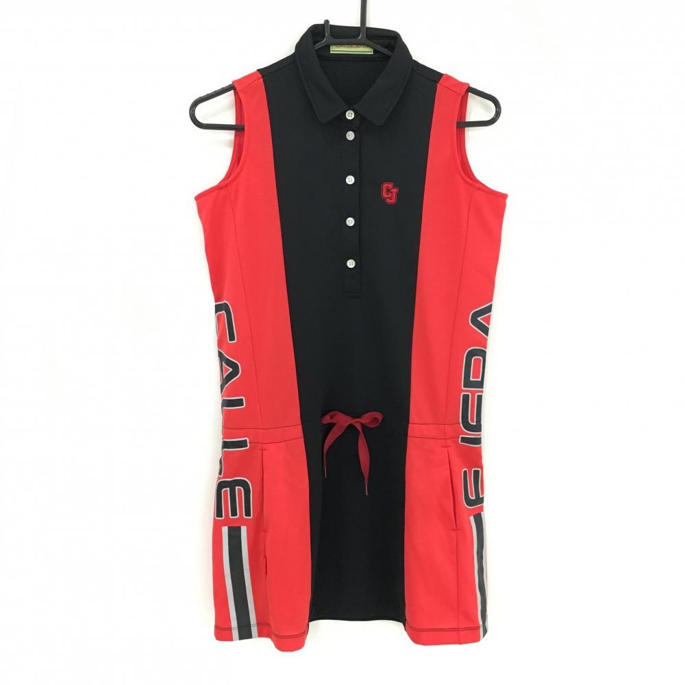【超美品】カジェヘラ ノースリーブポロワンピース 黒×レッド バイカラー ティー装着可 レディース 1(M) ゴルフウェア CALLEJERA