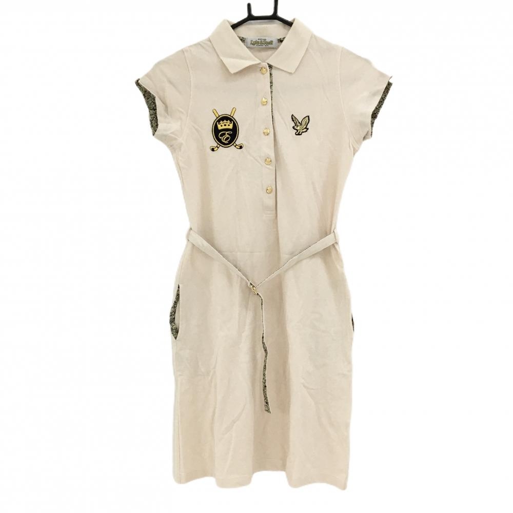 【美品】ライルアンドスコット 半袖ポロワンピース ライトベージュ ワッペン 共布ベルト花柄 レディース S ゴルフウェア LYLE&SCOTT