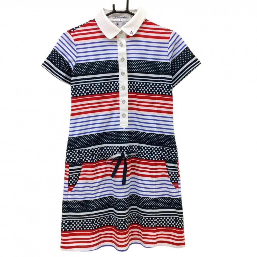 セントクリストファー 半袖ポロワンピース 白×ネイビー×レッド ボーダー ドット 襟ロゴ レディース 40 ゴルフウェア St.Christopher