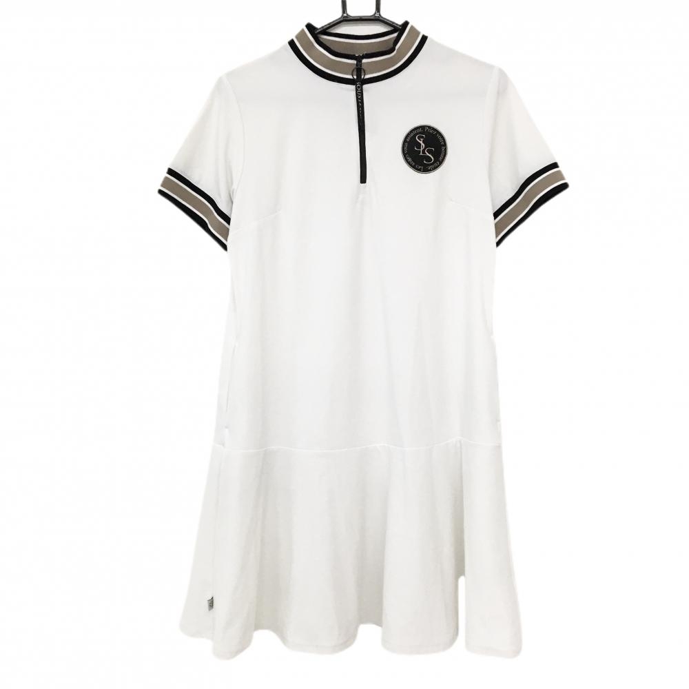 【美品】ソルソレイユ 半袖ハイネックワンピース 白×グレー×黒 ハーフジップ ワッペン レディース M ゴルフウェア SOUS LE SOLEIL
