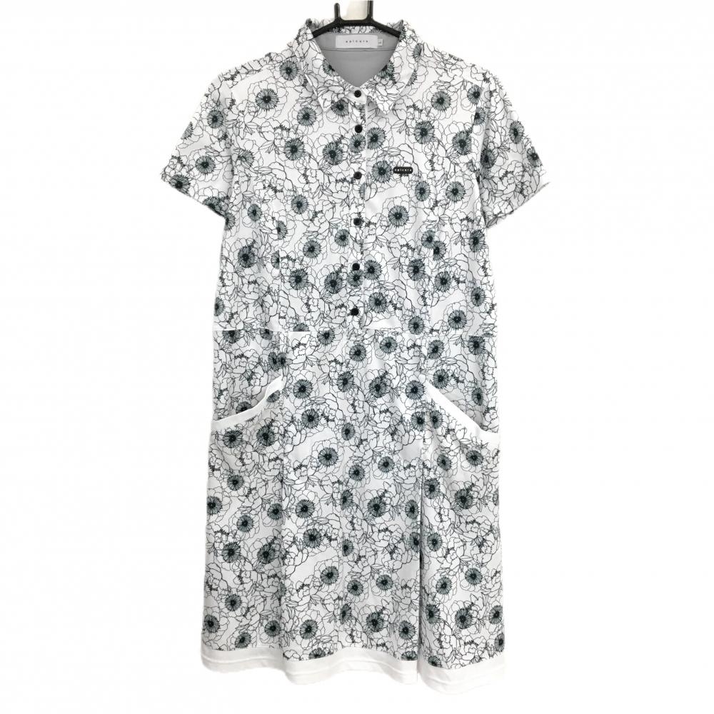 【超美品】エピキュール 半袖ポロワンピース 白×黒 花柄 レディース L ゴルフウェア epicure
