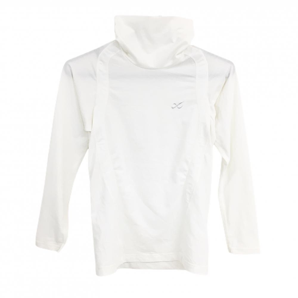 【超美品】シーダブリューエックス タートルネックインナーシャツ 白 袖ロゴプリント レディース M ゴルフウェア CW-X