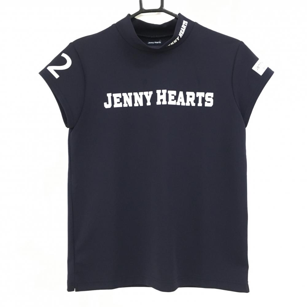 【美品】ジェニーハーツ 半袖ハイネックシャツ ネイビー フロントロゴ ストレッチ レディース S ゴルフウェア Jenny Hearts