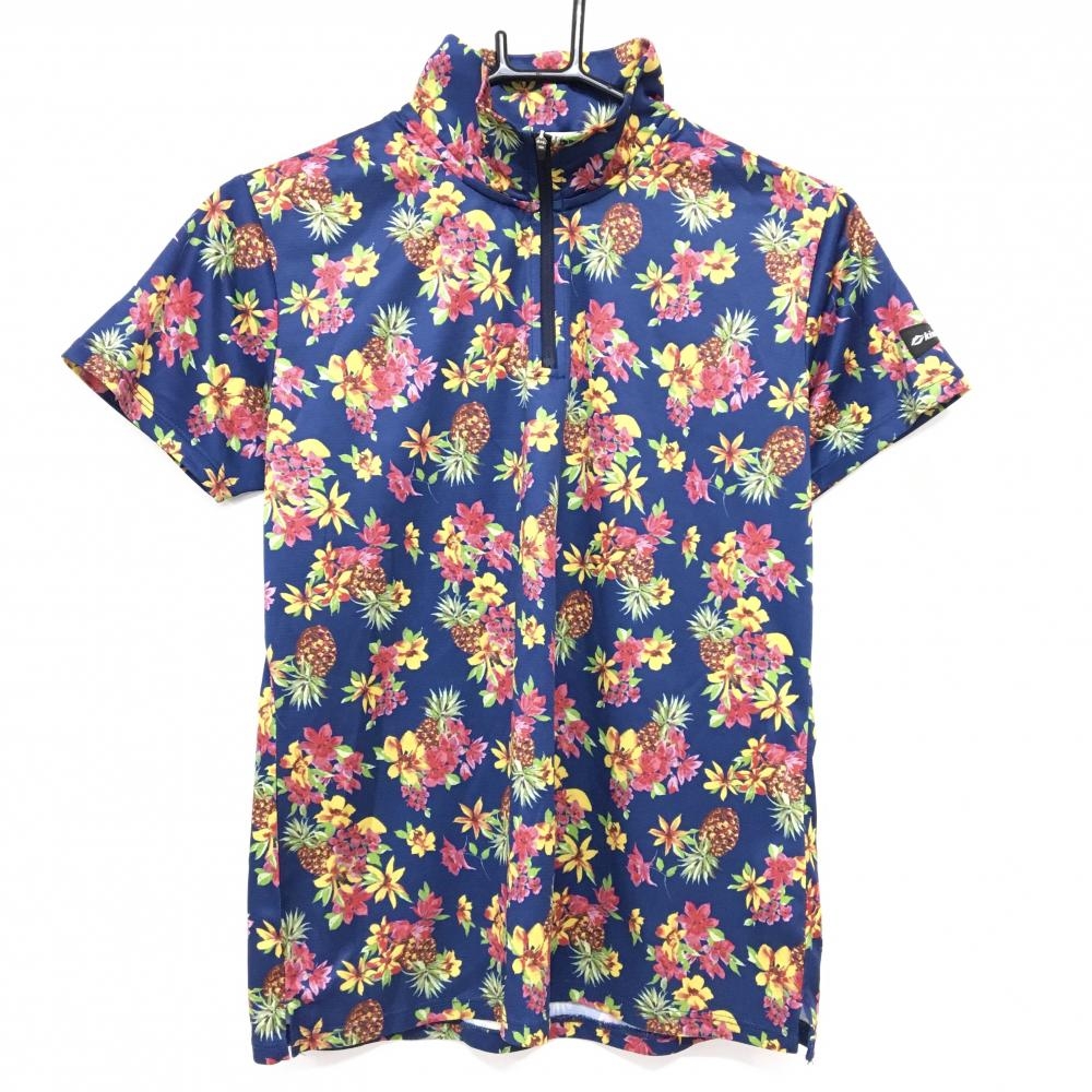 【超美品】キスマーク 半袖ハイネックシャツ ネイビー×イエロー×ピンク ハーフジップ 花柄 レディース L ゴルフウェア kissmark