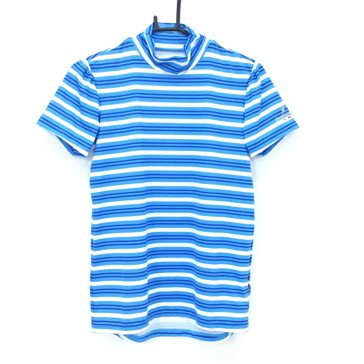 【超美品】オロビアンコ 半袖ハイネックシャツ ブルー×白 ボーダー ストレッチ  レディース L ゴルフウェア Orobianco 