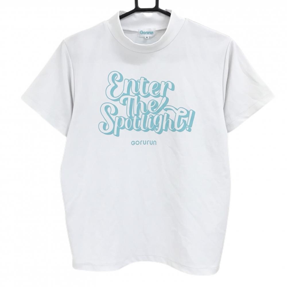 【超美品】ゴルラン 半袖ハイネックシャツ 白×ミントグリーン フロントロゴ ストレッチ  レディース M ゴルフウェア Gorurun