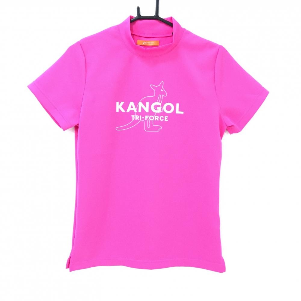 【超美品】カンゴールトライフォース 半袖ハイネックシャツ 蛍光ピンク×白 フロントロゴ レディース L ゴルフウェア KANGOL TRI-FORCE