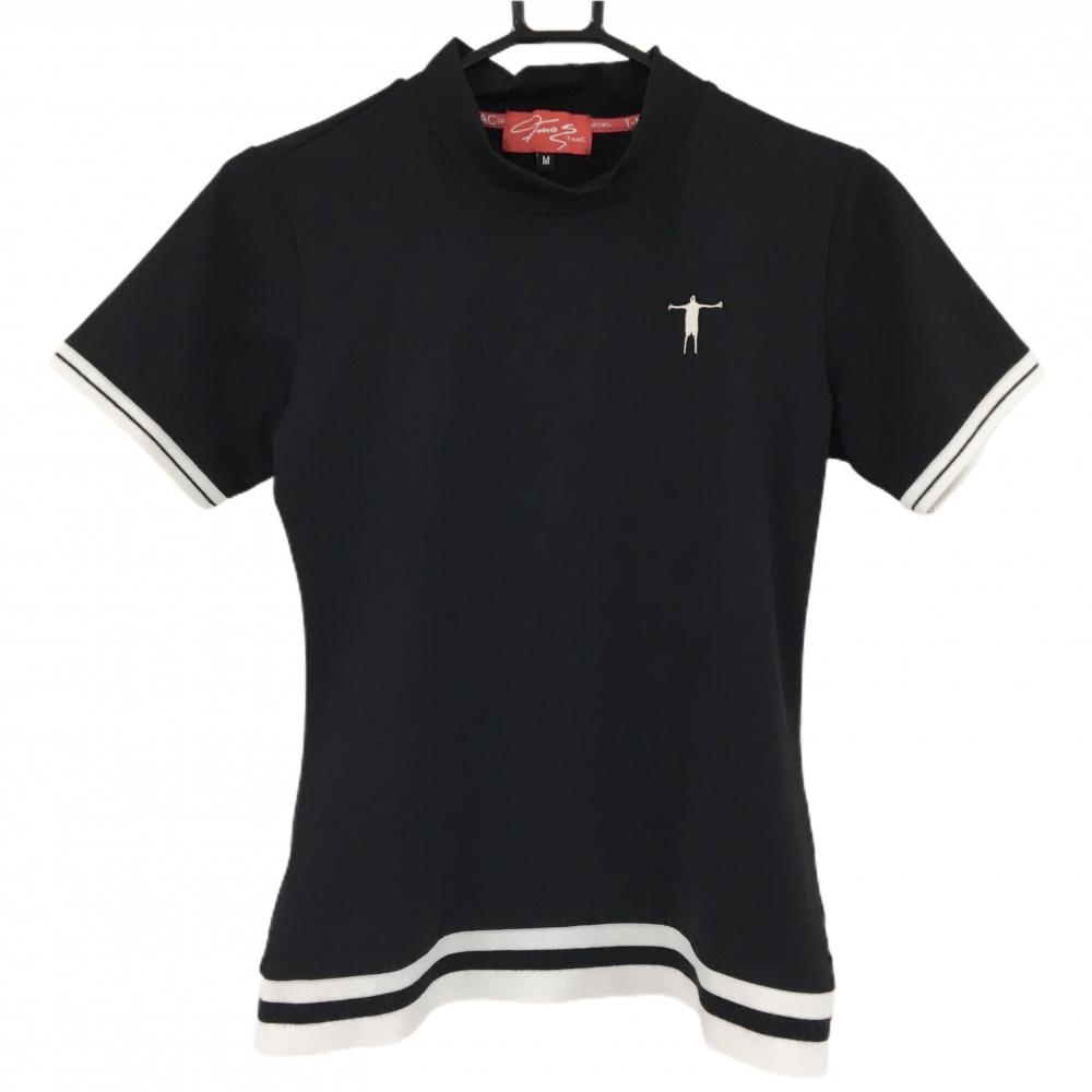 【美品】ティーマック 半袖ハイネックシャツ 黒×白 背面英字刺しゅう リブライン  レディース M ゴルフウェア T-MAC