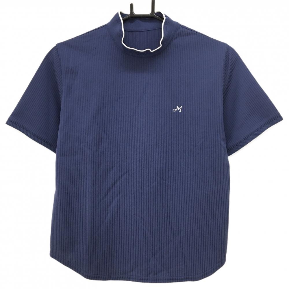 【超美品】マスターズ 半袖ハイネックシャツ スモーキーネイビー ストライプ地模様 胸ロゴ刺しゅう  レディース L ゴルフウェア MASTERS