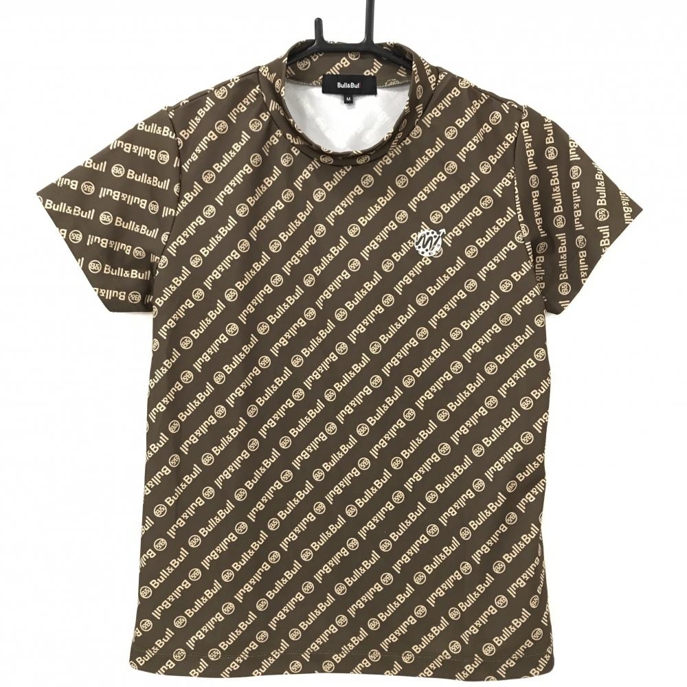 【超美品】ブルアンドブル 半袖ハイネックシャツ ブラウン×ベージュ ロゴ総柄 レディース M ゴルフウェア Bull&Bull
