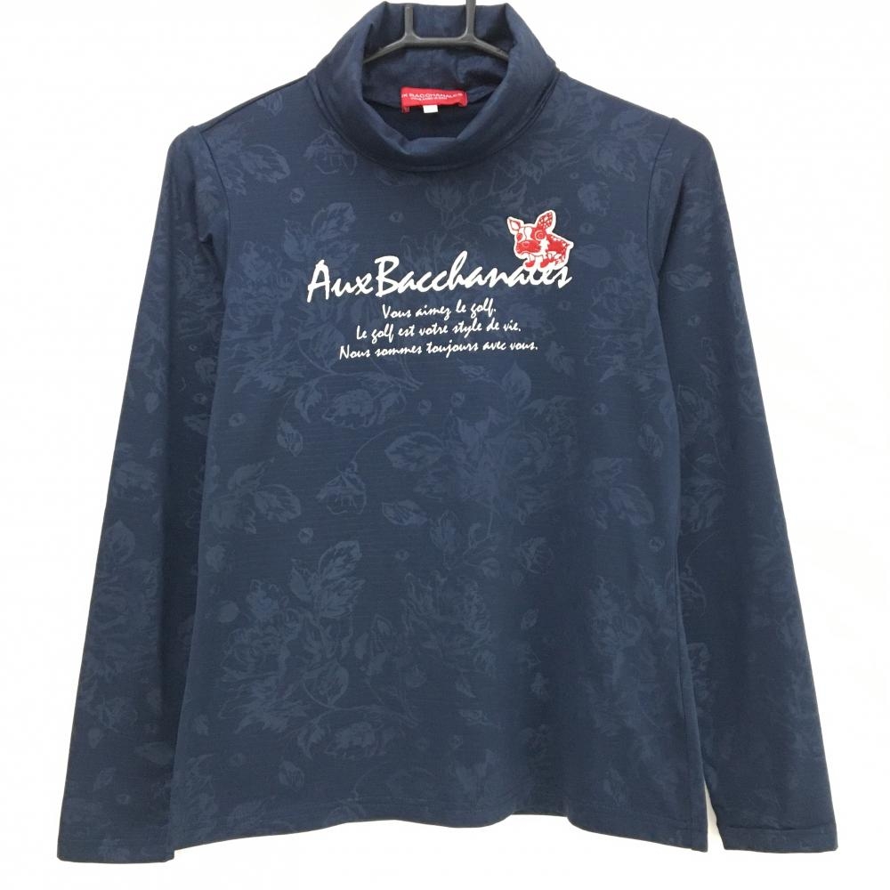 【超美品】オーバカナル 長袖タートルネックシャツ ネイビー 花柄地模様 裏微起毛 レディース 1 ゴルフウェア AUX BACCHANALES