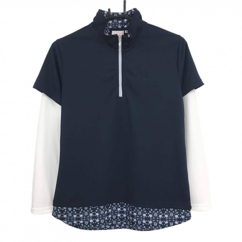 【超美品】ケイパ 長袖ハイネックシャツ ネイビー×白 重ね着風 ハーフジップ  レディース M ゴルフウェア Kaepa