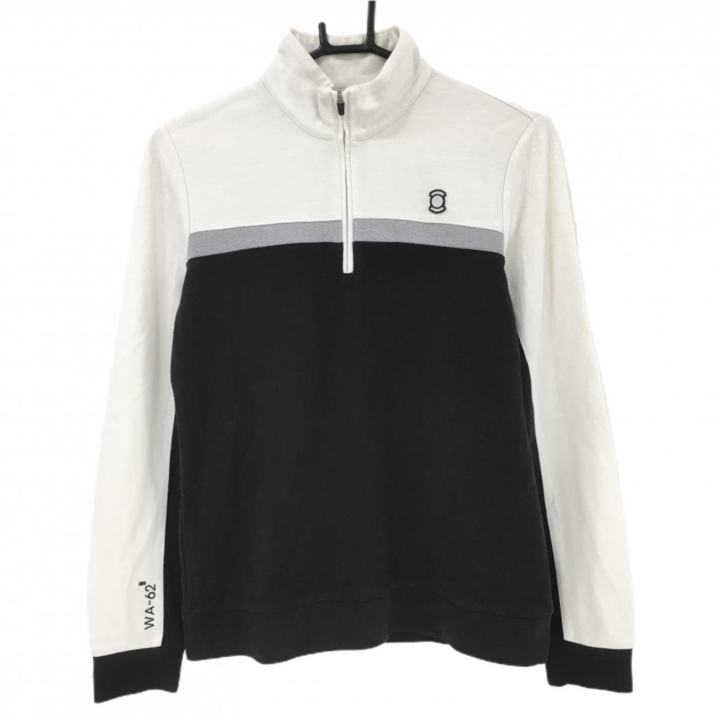 【美品】ワイドアングル 長袖ハイネックシャツ 白×黒 韓国モデル 微起毛 ハーフジップ  レディース 90 ゴルフウェア Ｗ.ANGLE