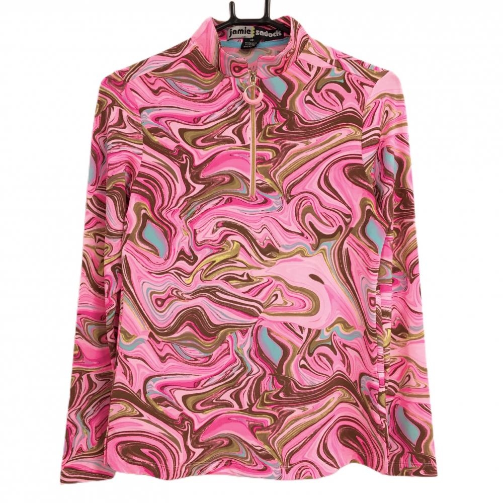 【超美品】ジェイミーサドック 長袖ハイネックシャツ ピンク×ブラウン マーブル柄 レディース XS ゴルフウェア jamie sadock